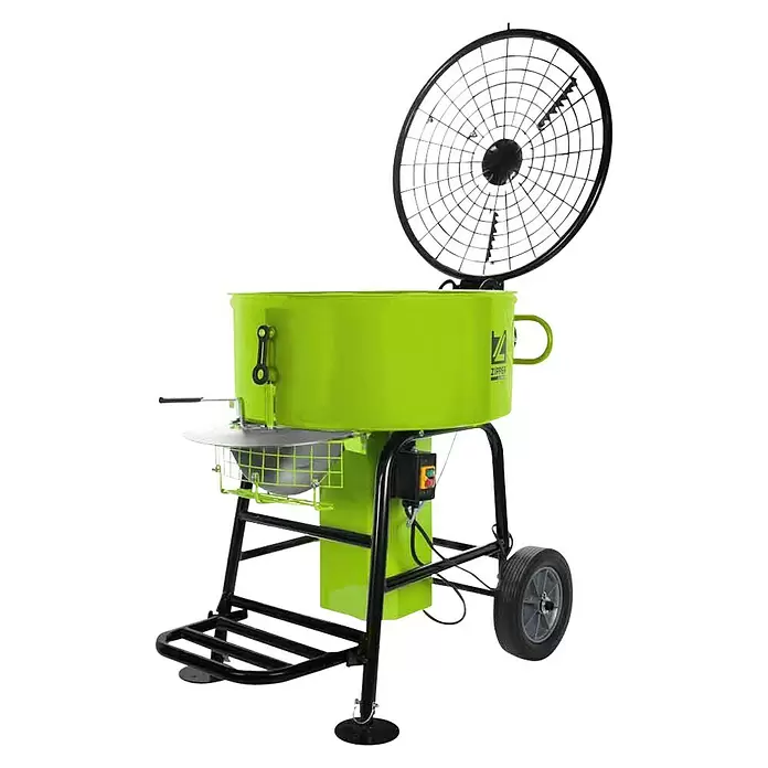 Zipper Elektro-Betonmischer Zwangsmischer ZI-ZWM120 - L x B x H: 880 x 770 x 1.070 mm, 120 l, 1.100 W - Grüner Betonmischer mit schwarzem Gestell, Schutzgitter und Rädern. Ideal für Bauarbeiten.