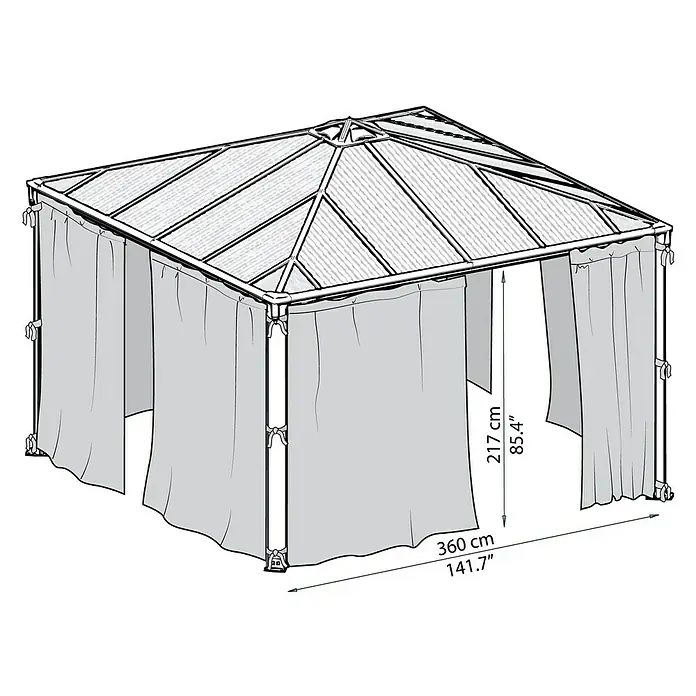 Palram – Canopia Fliegengitter-Vorhang für Pavillon Palermo - B x H: 360 x 217 cm - Bild einer grauen Gartenlaube mit den Maßen 217 cm Höhe und 360 cm Länge.