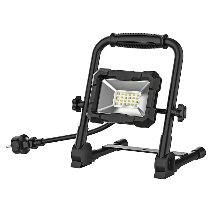 Voltolux LED-Baustrahler - 20 W, 1.700 lm, 6.500 K, IP65 - Arbeitsleuchte mit Tragegriff und verstellbarem Ständer für Baustelle oder Werkstatt. LED-Technologie für helles, effizientes Licht.