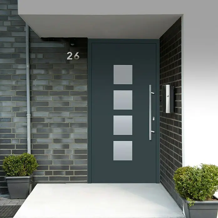 Solid Elements Haustür KA-103 - 110 x 210 cm, DIN Anschlag: Rechts - Moderne Haustür mit vier quadratischen Fenstern und einer langen, vertikalen Griffstange. Das Design ist schlicht und elegant.