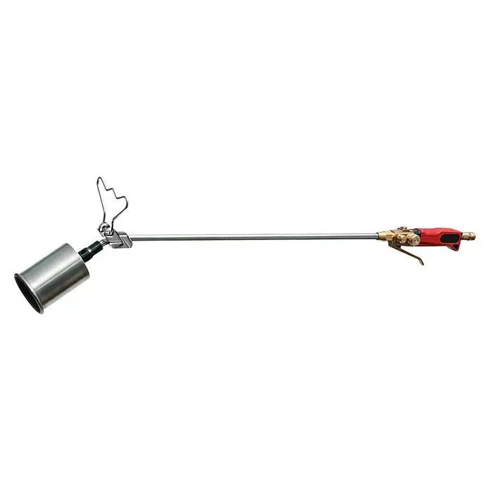 Rothenberger Industrial Anwärmbrenner-Set RoTitan - Durchmesser Brenner: 70 mm - Lange silberne Abflammgerät mit Metallbrennerkopf und rot-messingfarbenem Griff mit Abzug.