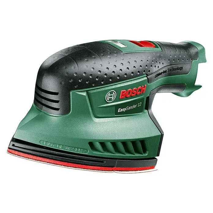 Bosch Lijadora delta de batería EasySander 12 - 12 V, Iones de litio, Sin batería, 22.000 r.p.m. - Imagen de una Bosch EasySander 12 verde, una práctica herramienta de lijado con un diseño ergonómico para un lijado cómodo.