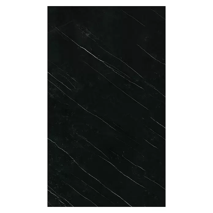GEO Alu-Verbundplatte - 150 x 255 cm, Marmor Schwarz - Schwarze Marmoroberfläche mit ausgeprägten weißen diagonalen Äderungen.