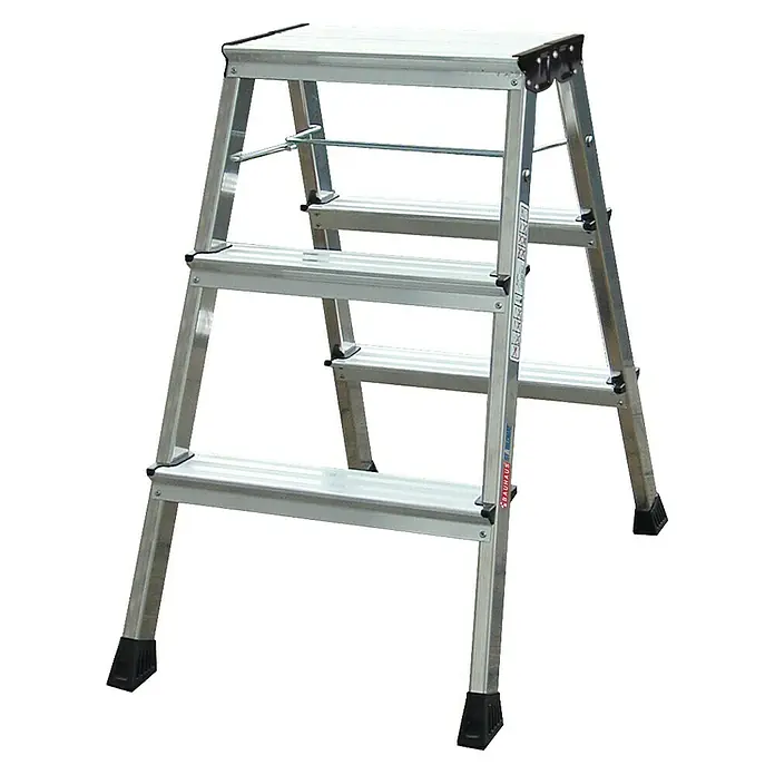 Krause Monto Escalerilla plegable - Número de peldaños: 6 ud., Altura de trabajo: 2,65 m, Carga soportada: 150 kg, Aluminio - Escalera de aluminio de tres peldaños con peldaños antideslizantes y pies de goma para mayor seguridad.