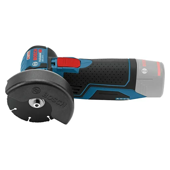 Bosch Professional Akku-Winkelschleifer GWS 12V-76 - Li-Ionen, Ohne Akku, Durchmesser Scheibe: 76 mm, Leerlaufdrehzahl: 19.500 U/min - Das Bild zeigt einen Bosch GWS 12V-76 Akku-Winkelschleifer mit Schutzhaube und Akku, ideal für präzise Schleifarbeiten.