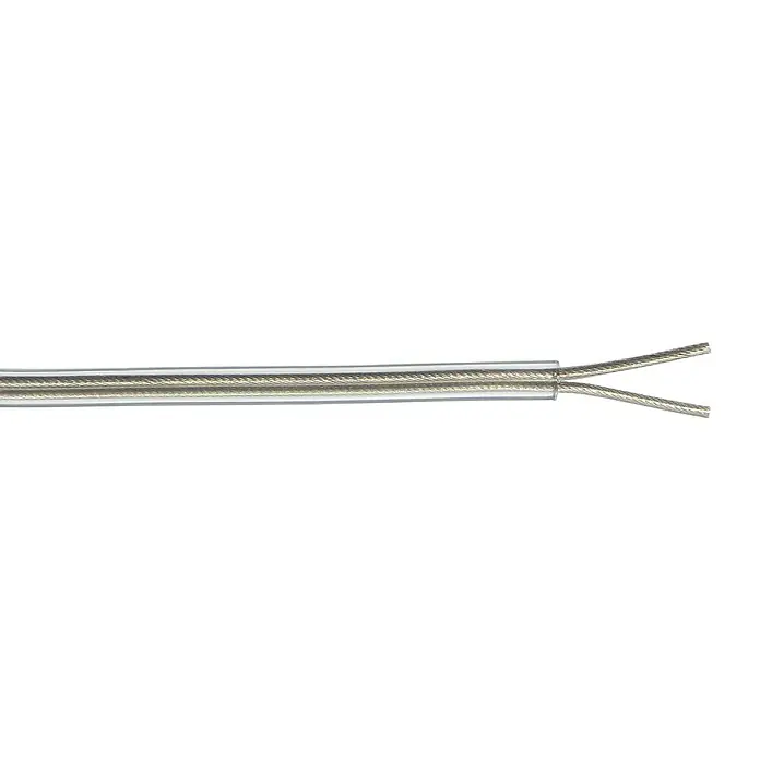 Schlauchleitung Flex - tr. 2x0,75 mm² - Anzahl Adern: 2, 0,75 mm², 5 m, Transparent - Nahaufnahme eines Lautsprecherkabels mit transparentem Mantel, das die verdrillten Silberdrähte zeigt.