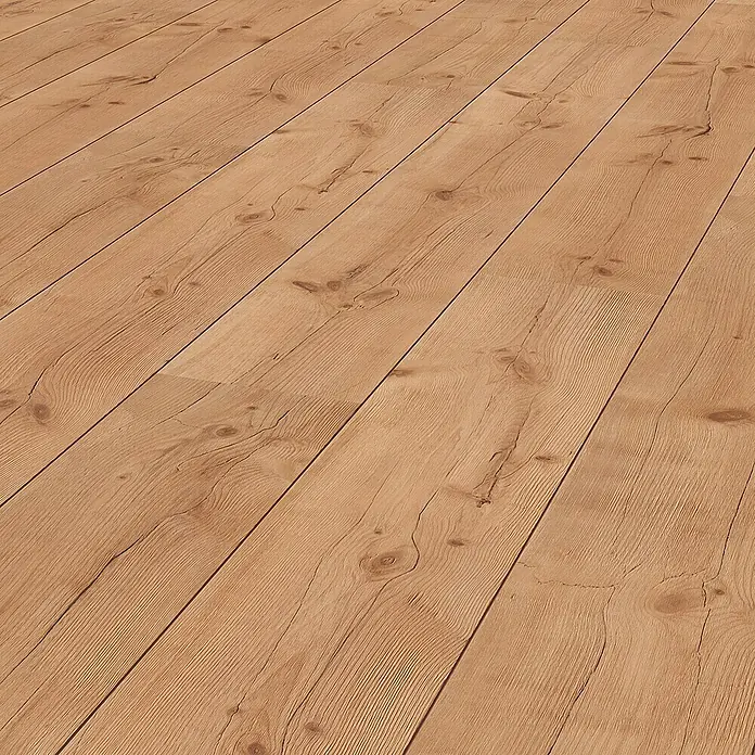 Laminat - Pinie, Landhausdiele, 1.285 x 192 x 8 mm - Detailaufnahme eines warmen, hellbraunen Laminatbodens mit Holzmuster und sichtbaren Holzmaserungen.