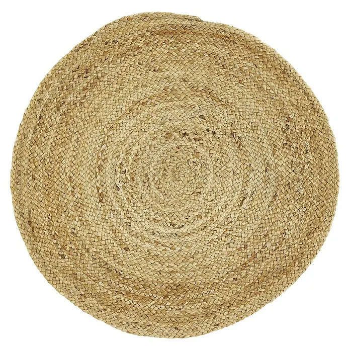 Juteteppich Mala - Natur, Durchmesser: 100 cm, 99 % Jute, 1 % Baumwolle - Nahaufnahme eines runden Teppichs aus Naturfasern mit einem spiralförmigen Webmuster auf schwarzem Hintergrund.