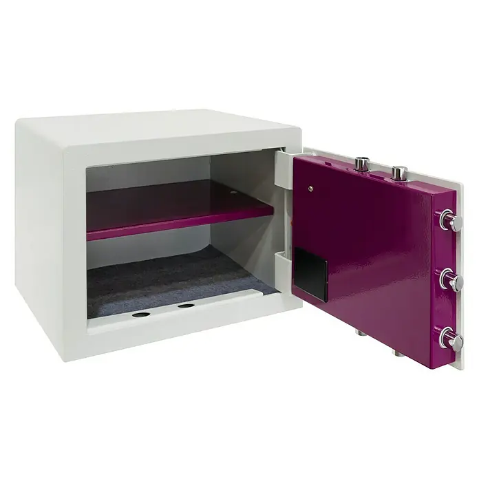 Arregui Caja fuerte Forma Evolution 150050 - L x An x Al: 42 x 36 x 32 cm, Tipo de bloqueo: Códigos de usuario - Caja fuerte blanca con puerta púrpura abierta y estante para objetos valiosos.