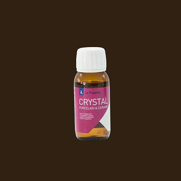 La Pajarita Laca para efectos decorativos Crystal - 50 ml, Marrón - Bote de barniz transparente Crystal La Pajarita, para porcelana y cerámica, con tapón blanco sobre fondo marrón.