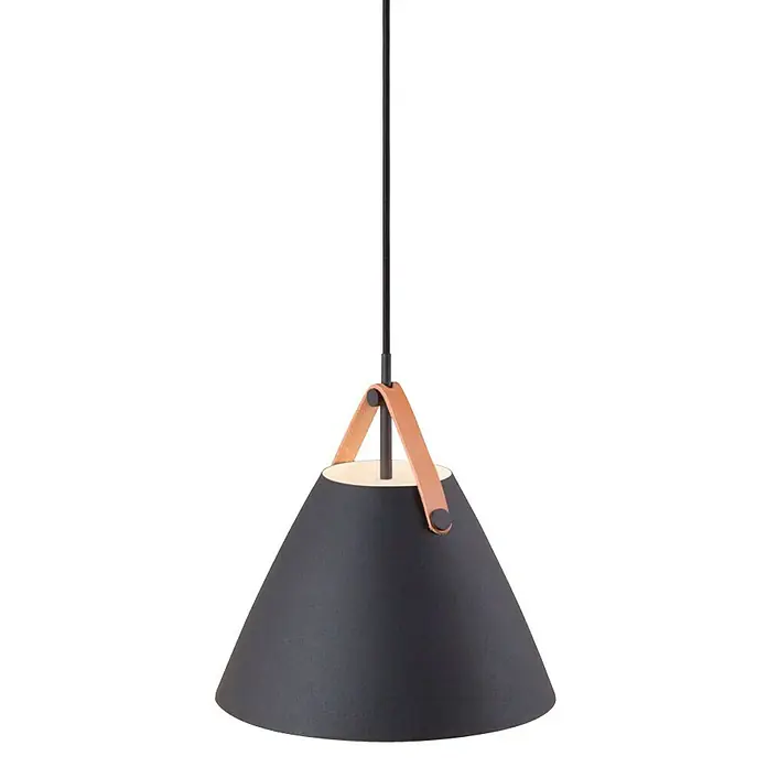 Nordlux Strap Lámpara colgante redonda - 60 W, Ø x Al: 27 x 27 cm, Negro, E27 - Elegante lámpara colgante negra con detalles de cuero. Su forma cónica y diseño de alta calidad la hacen destacar.