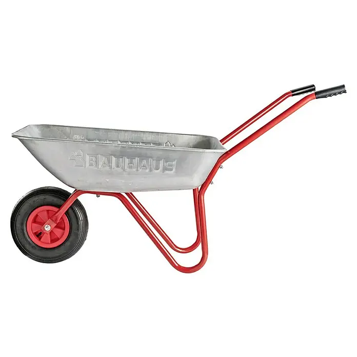 Gartenschubkarre - 80 l, Stahl, Traglast: 100 kg - Schubkarre mit rotem Gestell und grauer Wanne mit Bauhaus-Logo, robust und ideal für Garten- und Bauarbeiten.