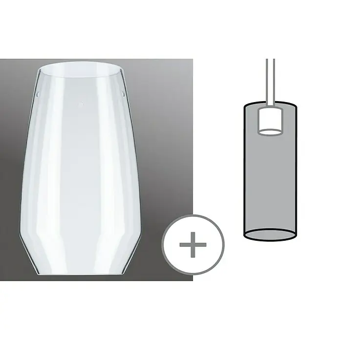 Paulmann URail 2Easy Lampenschirm Vento - Durchmesser: 17 cm, Transparent, Glas, Rund - Das Bild zeigt eine transparente Lampenschirm und eine schematische Darstellung einer Pendelleuchte, die die Kombination der beiden Produkte andeutet.