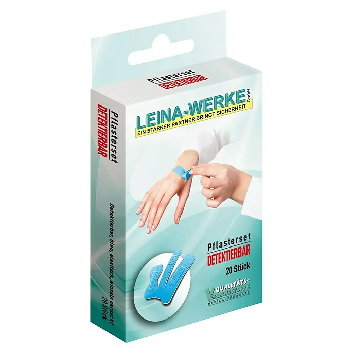Leina-Werke Pflaster-Set Detektierbar - 20 Stk., Elastisch - Verpackung von Leina-Werke Pflasterset, detektierbar, blau und elastisch, mit 20 Stück. Qualitätsprodukt für medizinische Anwendungen.