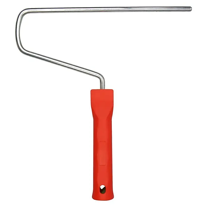 swingcolor Komfort Farbroller-Bügel - Bügelstärke: 8 mm, Geeignet für: Walzen 25 cm - Bild einer Farbrollerhalterung mit rotem Griff und Metallbügel, die für Malerarbeiten verwendet wird.