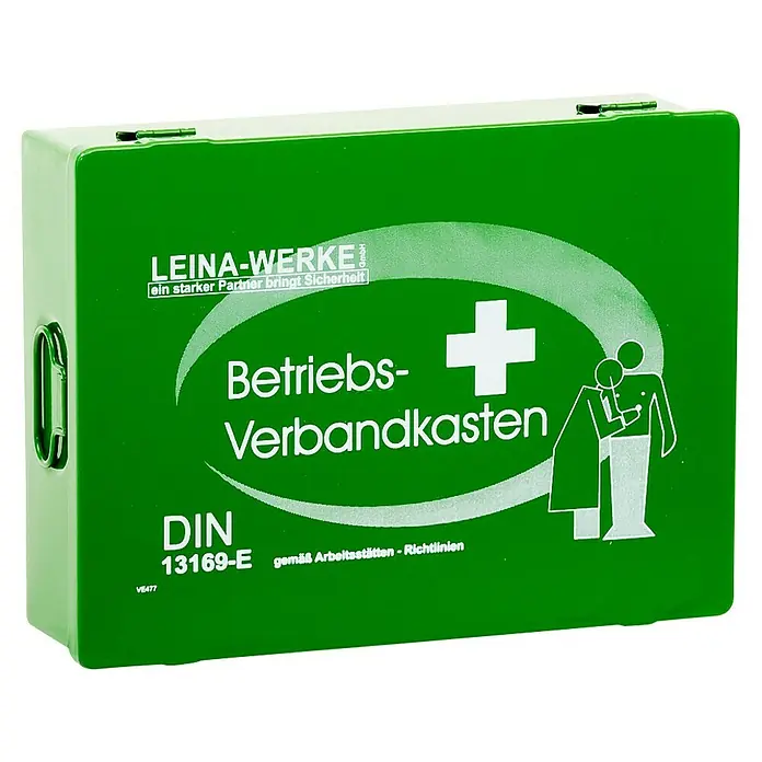 Leina-Werke Betriebsverbandkasten Groß - DIN 13169, Ohne Wandhalterung, Grün - Grüner Erste-Hilfe-Kasten von LEINA-WERKE mit Aufschrift „Betriebs-Verbandkasten“ und Symbolen für Erste Hilfe, geeignet für Arbeitsstätten.