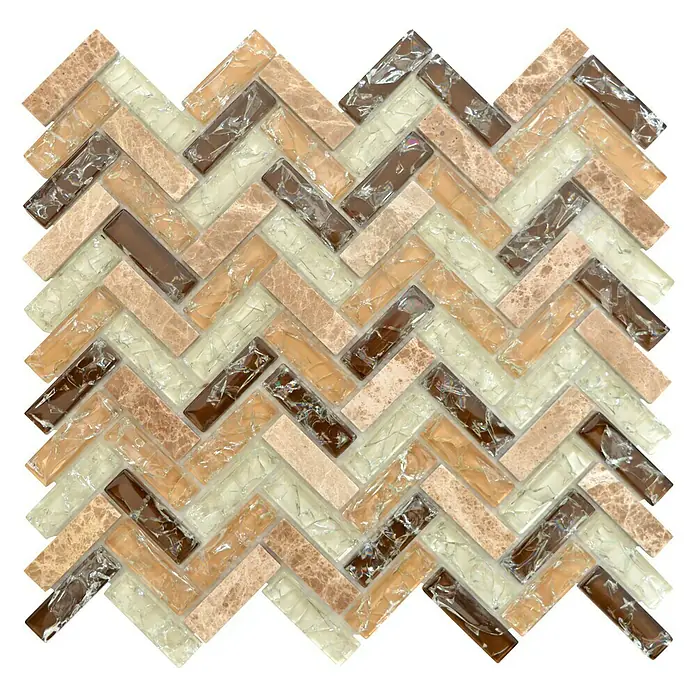 Mosaikfliese Fischgrät Crystal Mix XIC HB1553 - 26,3 x 29,3 cm, Braun/Beige, Glänzend - Beige-braunes Mosaikfliesenmuster.