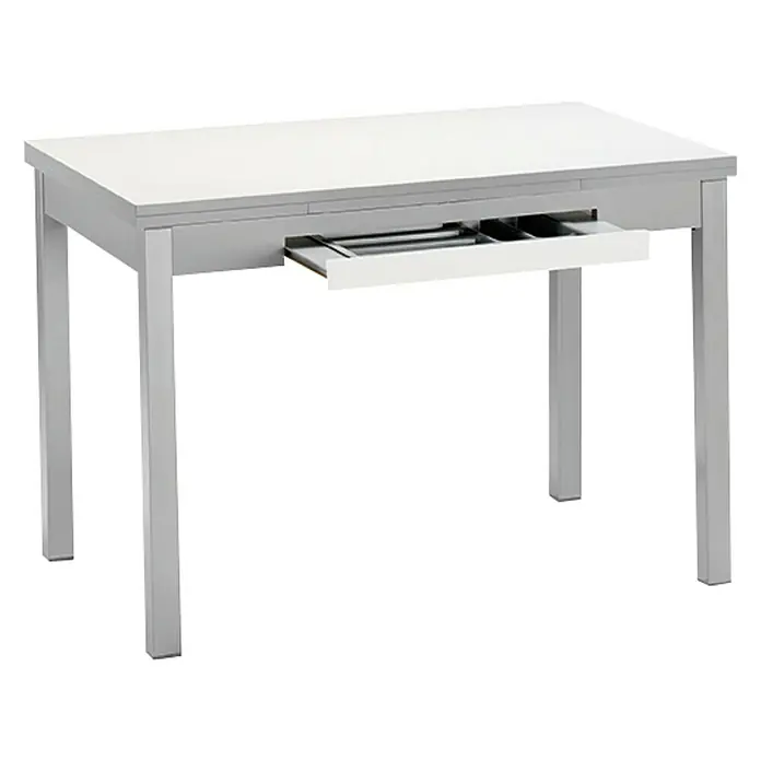 Mesa Meri - L x An: 150 x 60 cm, Material del tablero de la mesa: MDF, Blanco - Elegante mesa de comedor extensible en blanco y gris con un práctico cajón. Ideal para una vida moderna y un espacio flexible.