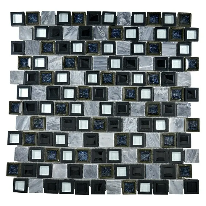 Mosaikfliese Quadrat Crystal Mix XCP BM19 - 30 x 30 cm, Grau/Schwarz, Glänzend - Quadratische Fliesenmatte mit einem Mosaik aus Marmor-, Glas- und blauen Akzenten, ideal für moderne Badezimmer und Küchen.