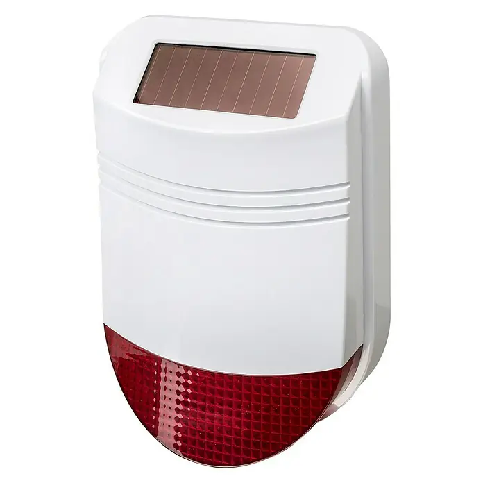 Safe2Home Alarmanlagen-Set SP110 Komplett - Mit Solar-Außensirene, L x B x H: 195 x 136 x 31 mm - Weiße Solar-Dummy-Alarmsirene zur Abschreckung von Einbrechern. Die LED-Leuchte simuliert ein aktives Sicherheitssystem.