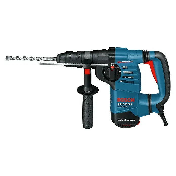 Bosch Professional Bohrhammer GBH 3-28 DFR - 800 W, 3,1 J, SDS-Plus-Aufnahme - Abbildung eines blauen Bosch GBH 3-28 DFR Bohrhammers mit eingesetztem Bohrer, ideal für professionelle Anwendungen.