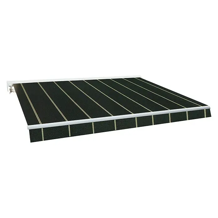 SmartSun Toldo de brazos extensibles Original Kit Acrílico - Gris oscuro, Ancho: 3 m, Caída: 2 m - Toldo con rayas negras y amarillas y marco blanco.