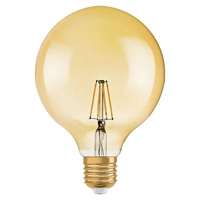 Osram LED-Lampe Vintage Edition 1906 Globe-Form E27 - E27, Dimmbar, Warmweiß, 650 lm, 6,5 W, Globe - Nahaufnahme einer dekorativen LED-Glühbirne mit warmem, bernsteinfarbenem Farbton.