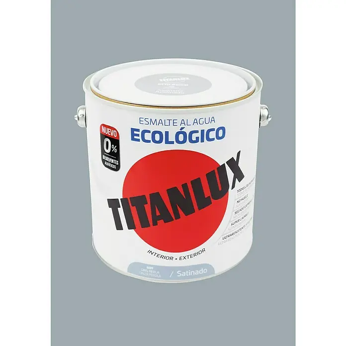 Titanlux Esmalte de color Eco - Gris perla, Satinado, 2,5 l, Base de agua - Primer plano de una lata de pintura de esmalte al agua Titanlux, ecológica, para interiores y exteriores, color Gris Perla Satinado.