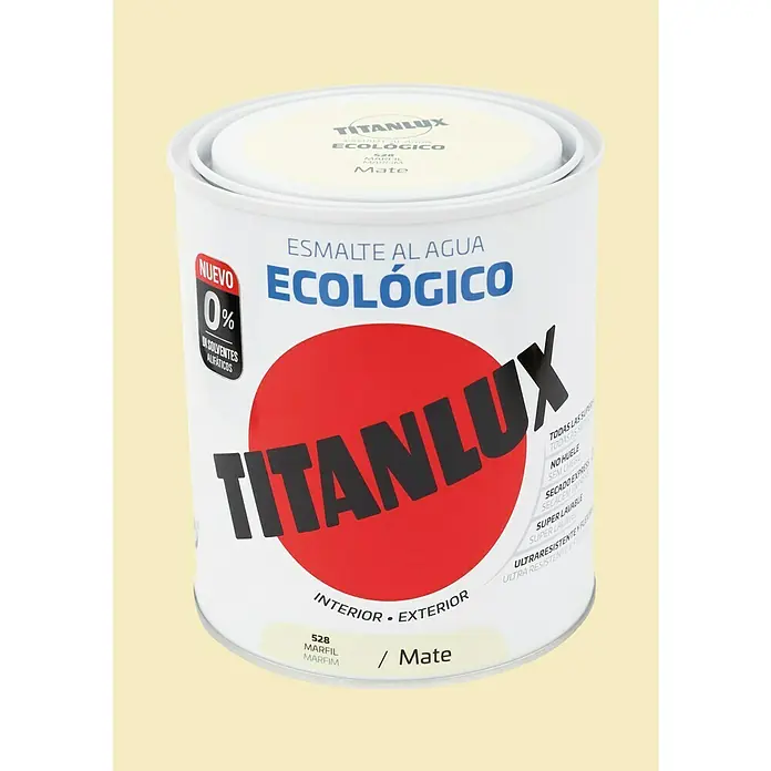 Titanlux Esmalte de color Eco - Marfil, Mate, 750 ml, Base de agua - Primer plano de una lata de pintura de esmalte al agua Titanlux, ecológica, en color Marfil Mate.