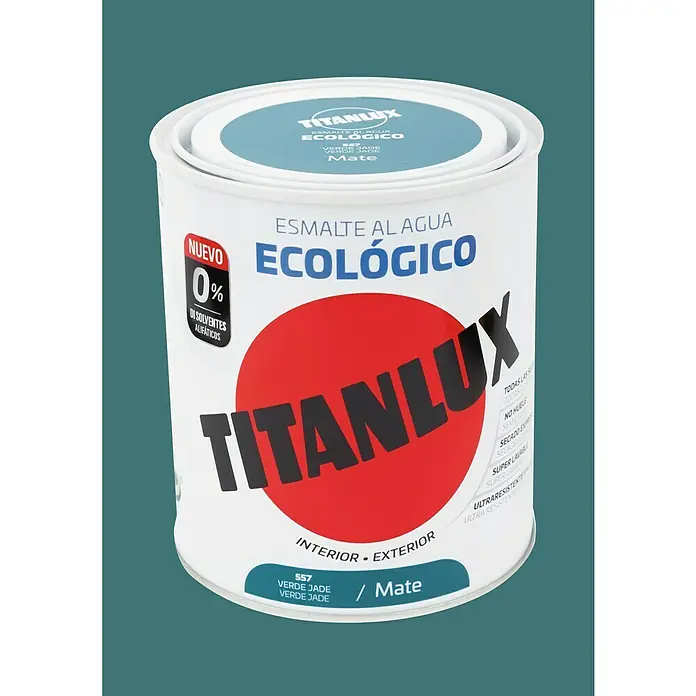 Titanlux Esmalte de color Eco - Verde jade, Mate, 750 ml, Base de agua - Bote de pintura al agua Titanlux, ecológica, color verde jade, acabado mate. Ideal para interiores y exteriores, sin disolventes y ultra resistente.