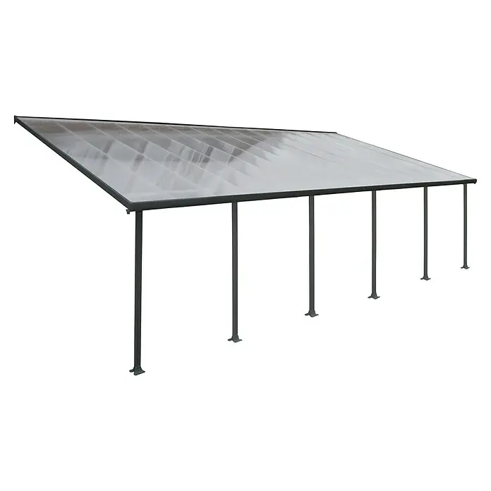 Solid Elements Terrassenüberdachung Martina - B x T: 850 x 400 cm, Anthrazitgrau, Polycarbonat, Transparent - Das Bild zeigt eine moderne Terrassenüberdachung mit einem transparenten Dach und schlanken, grauen Stützpfosten.