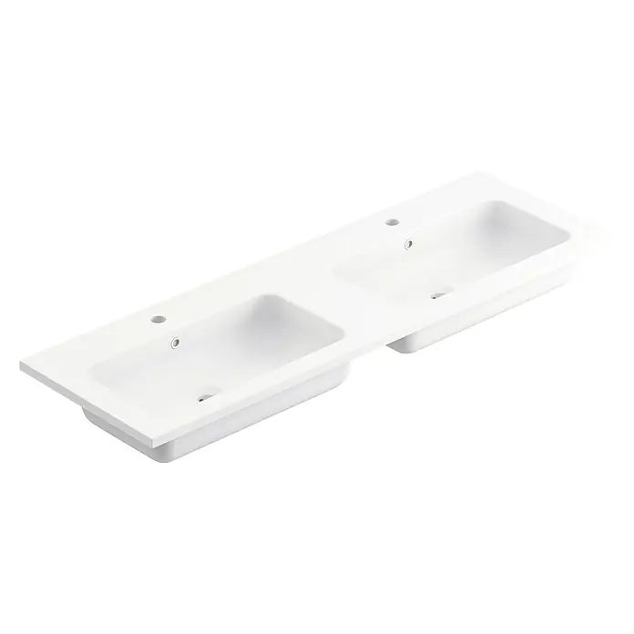 Lavabo doble Zeppelin - 140,5 x 45,5 cm, Orificios para grifo: Medio, Blanco mate - Vista de una encimera de tocador doble blanca moderna con dos lavabos integrados y orificios para grifos para baños.