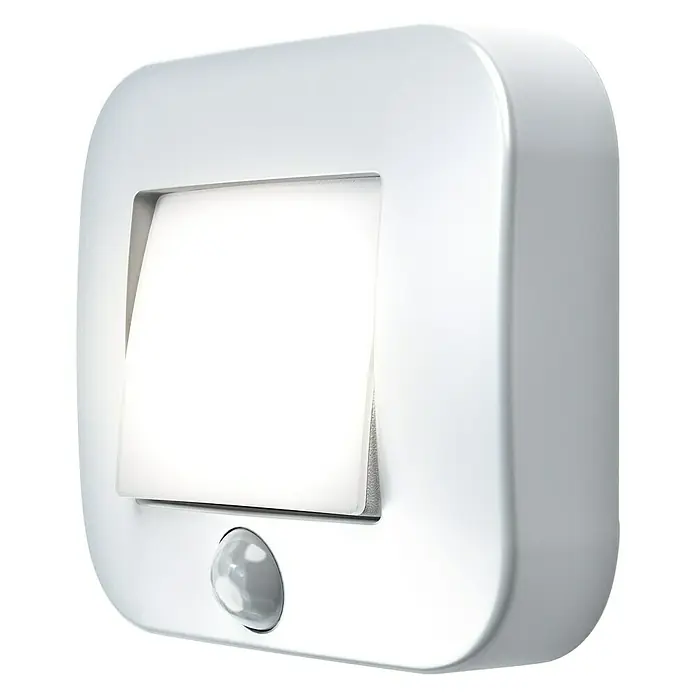 Osram Nightlux Luz de noche LED - Blanco, L x An x Al: 8,4 x 7,3 x 2,2 cm - Primer plano de un interruptor de luz blanco con sensor de movimiento sobre un fondo negro.