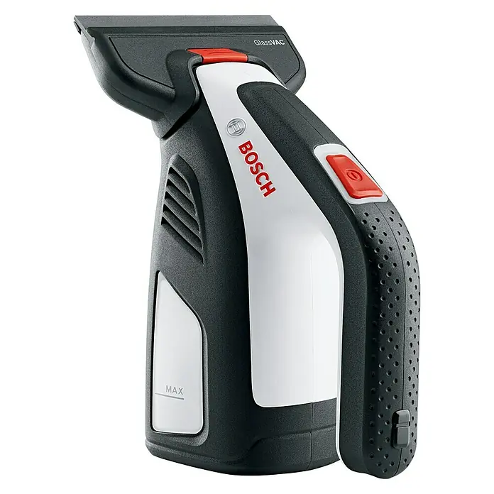 Bosch Akku-Fenstersauger GlassVac Set - 3,6 V, 2 Ah - Das Bild zeigt einen Bosch GlassVAC Akku-Fenstersauger in Schwarz und Weiß, ein praktisches Gerät für streifenfreie Fensterreinigung.