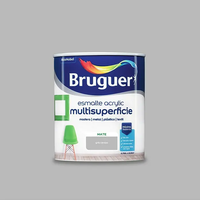 Bruguer Esmalte de color Acrylic Multisuperficie - Gris Ceniza, Mate, 750 ml, Base de agua - Bote de pintura acrílica multi-superficie Bruguer, color Gris Ceniza, acabado mate, para madera, metal, plástico y textil.