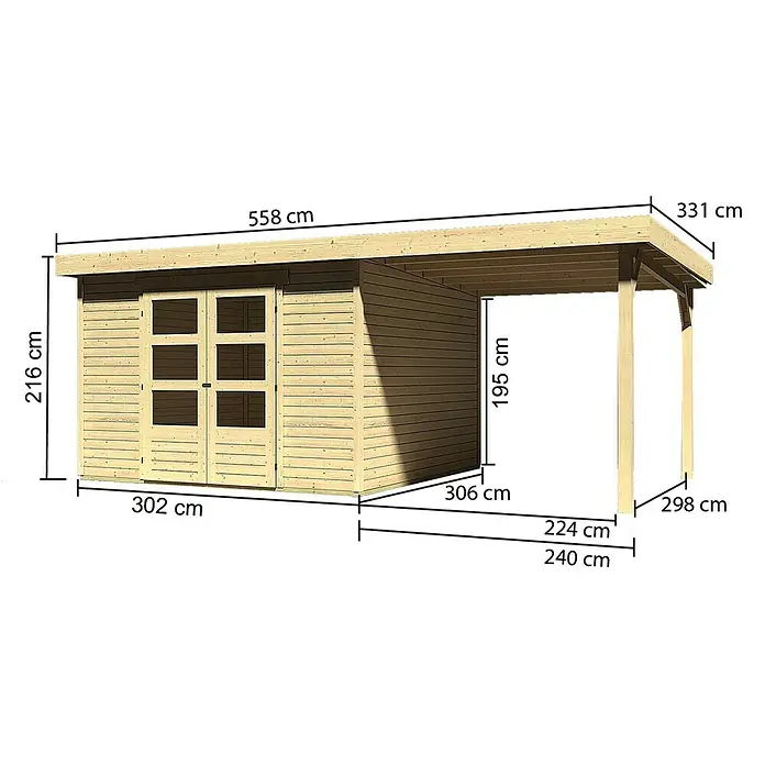 Karibu Gartenhaus Askola - Außenmaß inkl. Dachüberstand (B x T): 558 x 331 cm, Holz, Natur, Mit Anbaudach - Abbildung eines Gartenhauses mit einer Gesamtbreite von 558 cm und einer Höhe von 216 cm. Das Haus verfügt über eine überdachte Veranda.