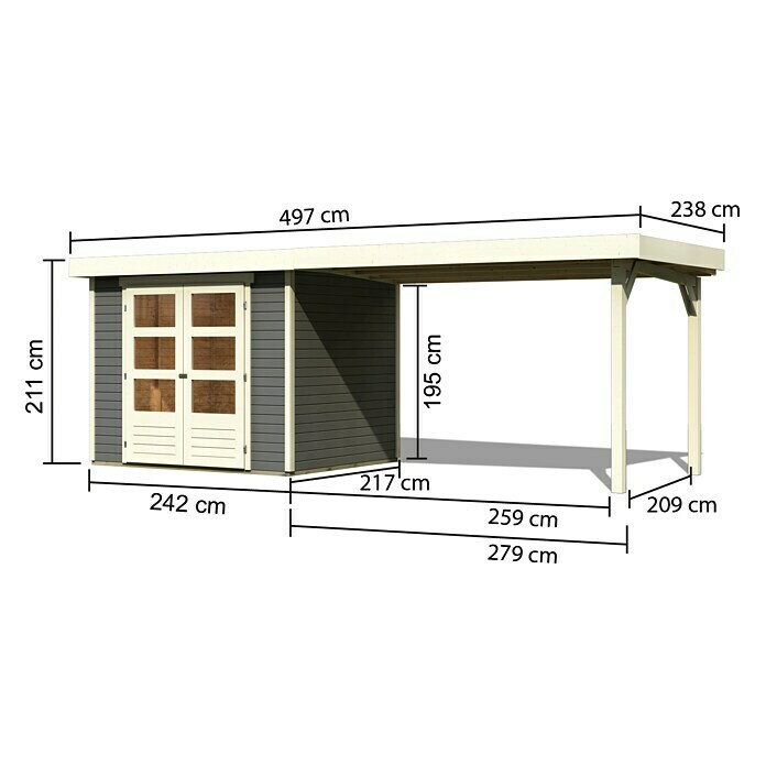 Karibu Gartenhaus Askola 3 (L x B: 217 x 497 cm, Wandstärke: 19 mm, Flachdach, Terragrau, Mit Anbau)