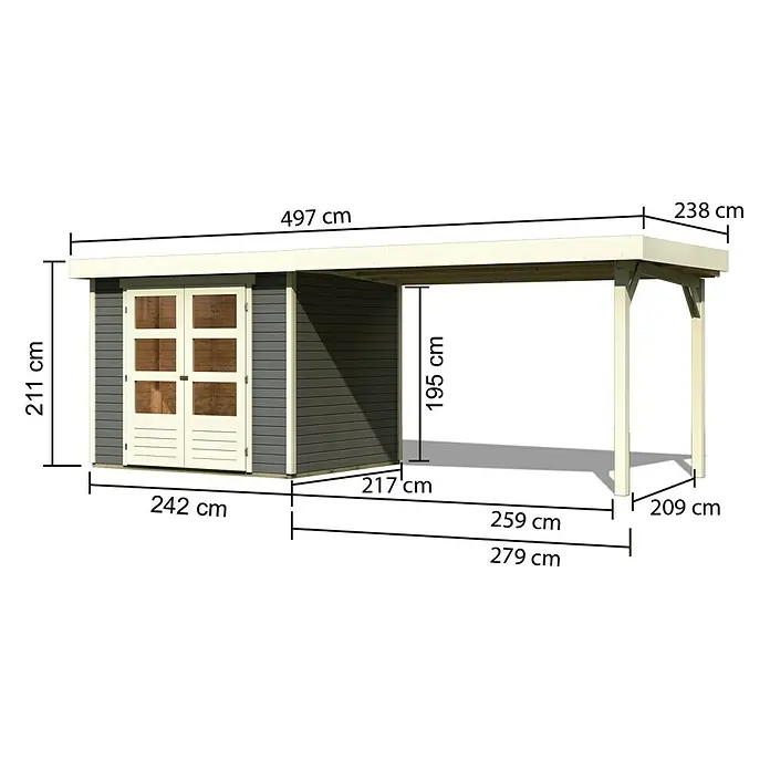 Karibu Gartenhaus Askola 3 - Außenmaß inkl. Dachüberstand (B x T): 528,5 x 238 cm, Holz, Terragrau, Mit Anbaudach - Abbildung eines Holzschuppens mit Carport und Maßangaben zu Höhe, Breite und Länge zur einfachen Größenorientierung.