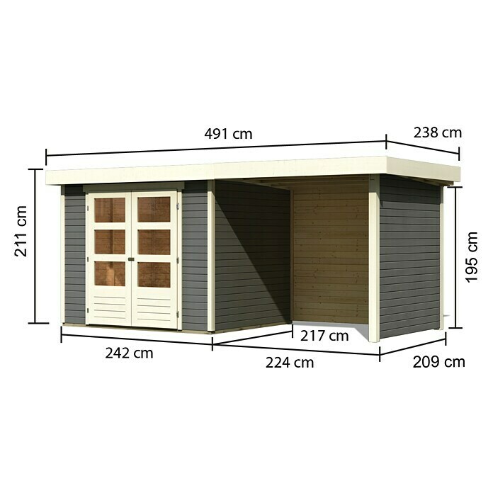 Karibu Gartenhaus Askola 3 (L x B: 217 x 462 cm, Wandstärke: 19 mm, Flachdach, Terragrau, Mit Anbau, Seiten- & Rückwand)