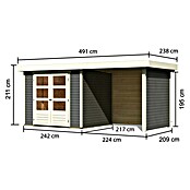 Karibu Gartenhaus Askola 3 (L x B: 217 x 462 cm, Wandstärke: 19 mm, Flachdach, Terragrau, Mit Anbau, Seiten- & Rückwand)