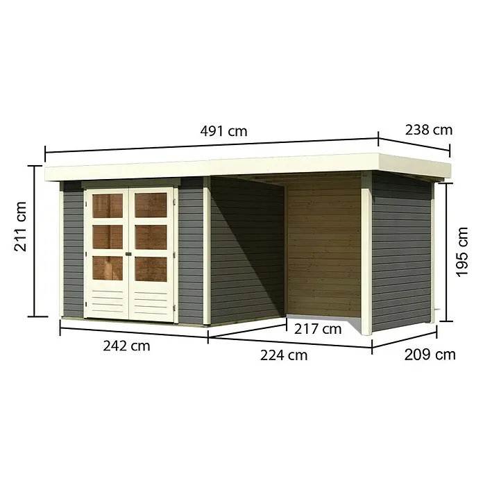 Karibu Gartenhaus Askola 3 - Außenmaß inkl. Dachüberstand (B x T): 491 x 238 cm, Holz, Terragrau, Elfenbeinweiß, Mit Anbaudach, Rück- und Seitenwand - Ansicht eines Gartenhauses mit Maßen. Es zeigt die Abmessungen des Gartenhauses in Zentimetern.
