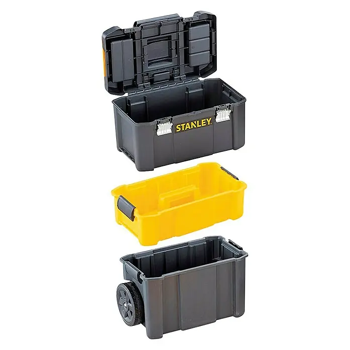 Stanley Rollende Profi-Box - Ohne Werkzeug, L x B x H: 47,5 x 28,5 x 62,3 cm - Hier ist ein dreiteiliger, mobiler Werkzeugkasten von Stanley mit Rollen, Fächern und Trageeinsatz.