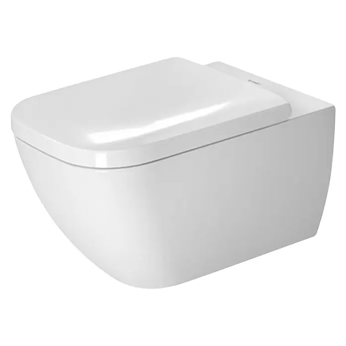 Duravit Happy D.2 Wand-WC Typ 1 - Spülrandlos, Ohne Spezialglasur, Spülform: Tief, WC Abgang: Waagerecht, Weiß - Eine Nahaufnahme einer modernen, wandhängenden Toilette in Weiß. Sie ist stilvoll und minimalistisch gestaltet.