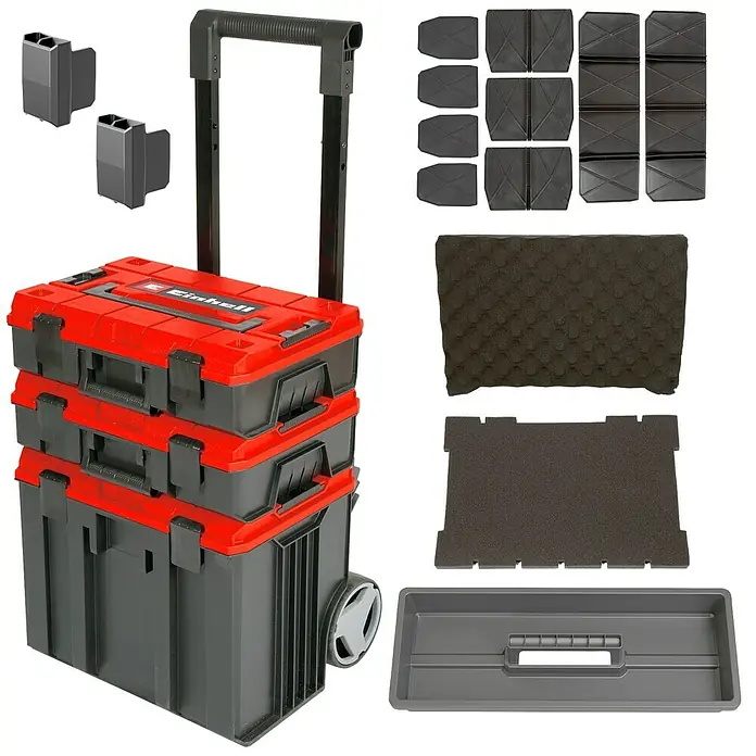 Einhell Systemkoffer E-Case Tower - L x B x H: 45 x 41,2 x 69,1 cm, Polypropylen, Traglast: 120 kg - Produktabbildung eines Einhell Werkzeugkoffers mit Trolley-Funktion, inklusive verschiedener Zubehörteile und Einsätze.