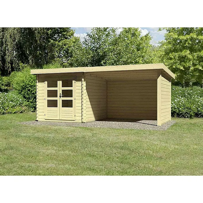 Karibu Gartenhaus Bastrup 4 - Außenmaß inkl. Dachüberstand (B x T): 554 x 333 cm, Holz, Natur, Mit Anbaudach, Seiten- und Rückwand - Holzgartenhaus mit Anbau und Doppeltür im Grünen. Ideal für Gartenutensilien und als Unterstand. Schafft zusätzlichen Stauraum im Außenbereich.