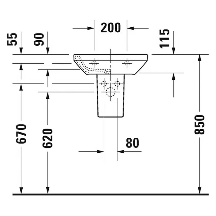 Duravit DuraStyle Waschbecken - 45 x 33,5 cm, Mit schmutzabweisender Glasur, Hahnloch: Mitte, Ohne Überlauf, Weiß - Technische Zeichnung eines Waschbeckens mit Maßangaben für Installation und Design. Die Zeichnung zeigt detaillierte Abmessungen.