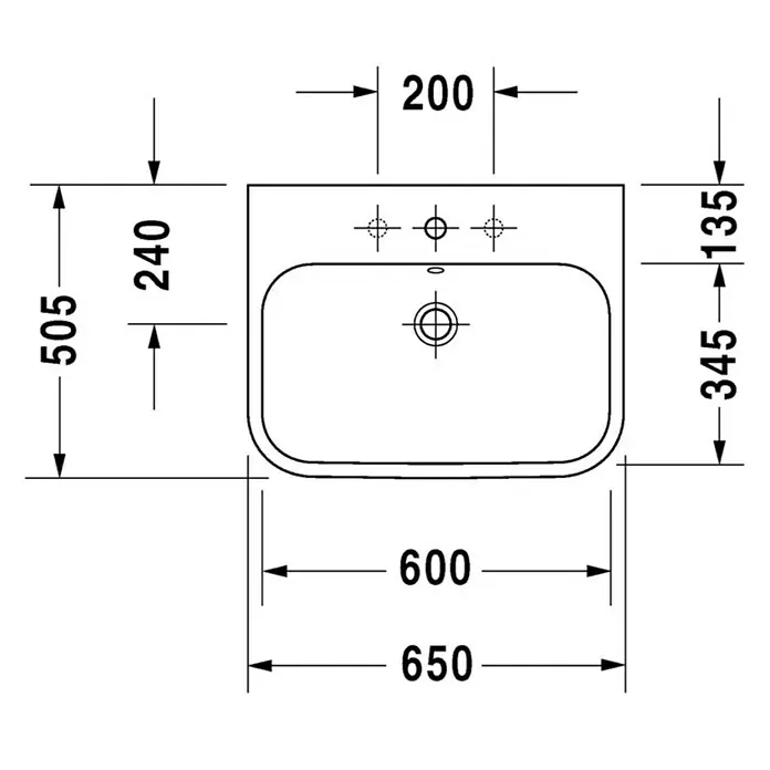 Duravit Happy D.2 Waschtisch Typ 1 - 65 x 50,5 cm, Ohne Spezialglasur, Hahnloch: Mitte, Mit Überlauf, Weiß - Schema des Waschtischs mit Maßangaben. Die Gesamtbreite beträgt 650mm, die Tiefe 505mm und die Beckenbreite 600mm.