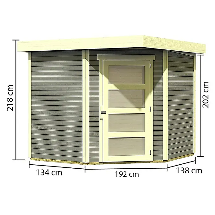 Karibu Gartenhaus Schwandorf 5 - Außenmaß inkl. Dachüberstand (B x T): 268 x 262 cm, Holz, Terragrau, Weiß - Abbildung eines Gartenhauses mit den Maßen 218 cm Höhe, 134 cm Breite, 202 cm Tiefe und 138 cm Seitenlänge.