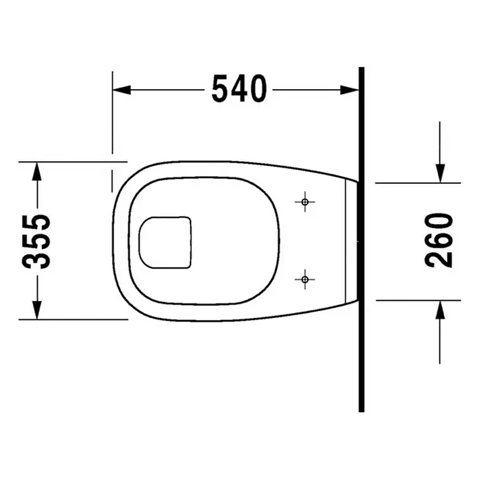 Duravit D-Code Wand-WC - Mit Spülrand, Ohne Spezialglasur, Spülform: Flach, WC Abgang: Waagerecht, Weiß - Draufsicht auf eine Toilette mit den Maßen 540 x 355 x 260 mm, ideal für Bad- und Sanitärdesign.