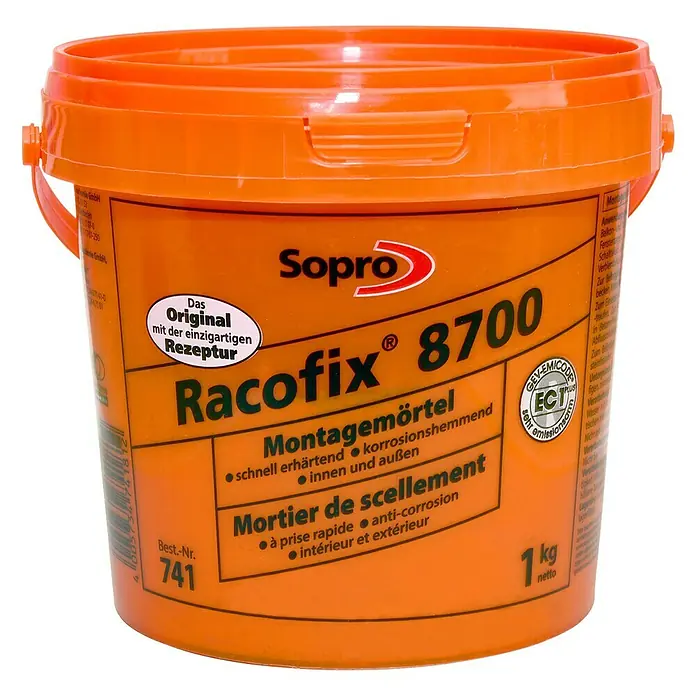 Racofix Schnellmontagemörtel 8700 - 1 kg - Eimer Sopro Racofix 8700 Montage-Mörtel, schnell härtend und korrosionshemmend, ideal für Innen- und Außenbereiche.